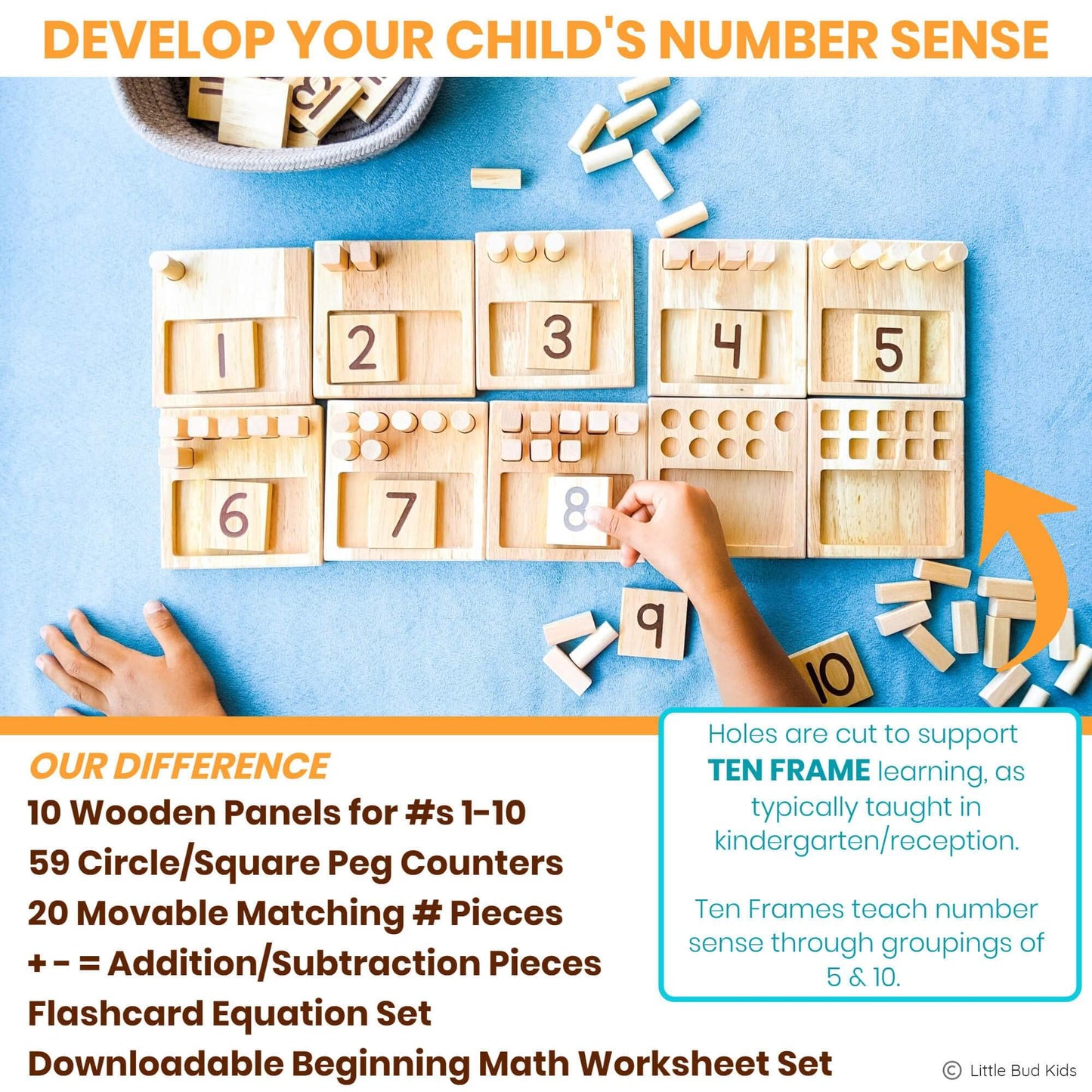 LITTLE BUD KIDS Counting Pegs: Ten Frame Math Game for Addition & Subtraction