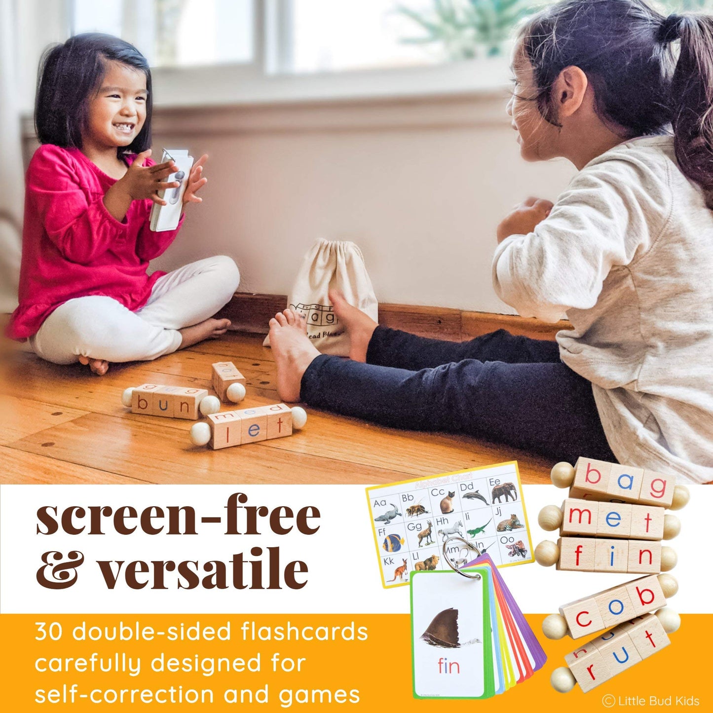 LITTLE BUD KIDS Spin-and-Read Montessori Phonics Blocks & CVC Flashcards