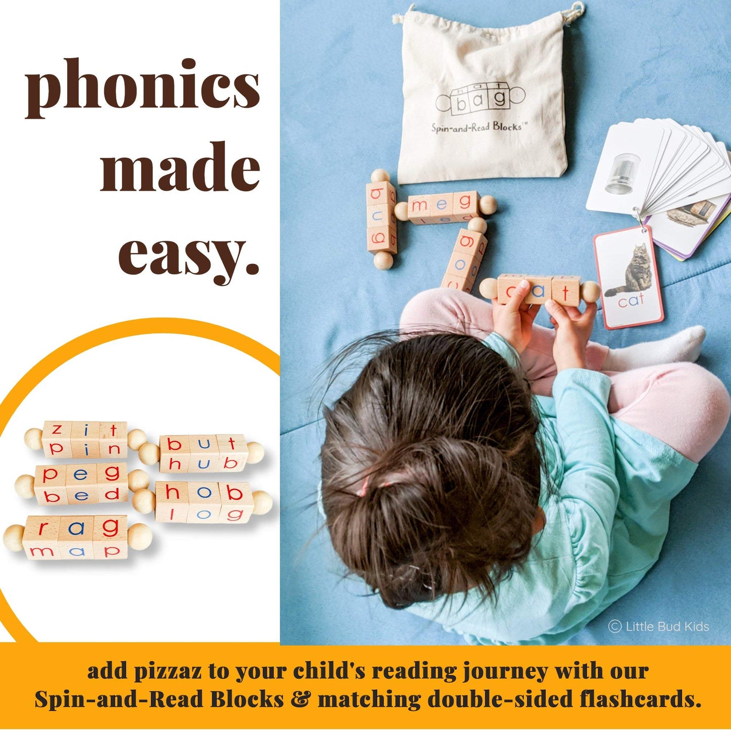 LITTLE BUD KIDS Spin-and-Read Montessori Phonics Blocks & CVC Flashcards