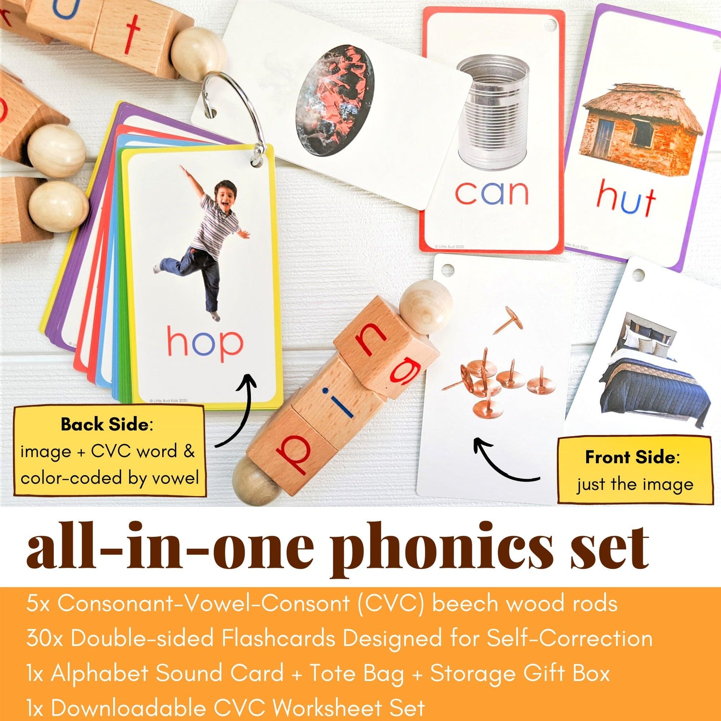 LITTLE BUD KIDS Spin-and-Read Montessori Phonics Blocks & CVC Flashcards