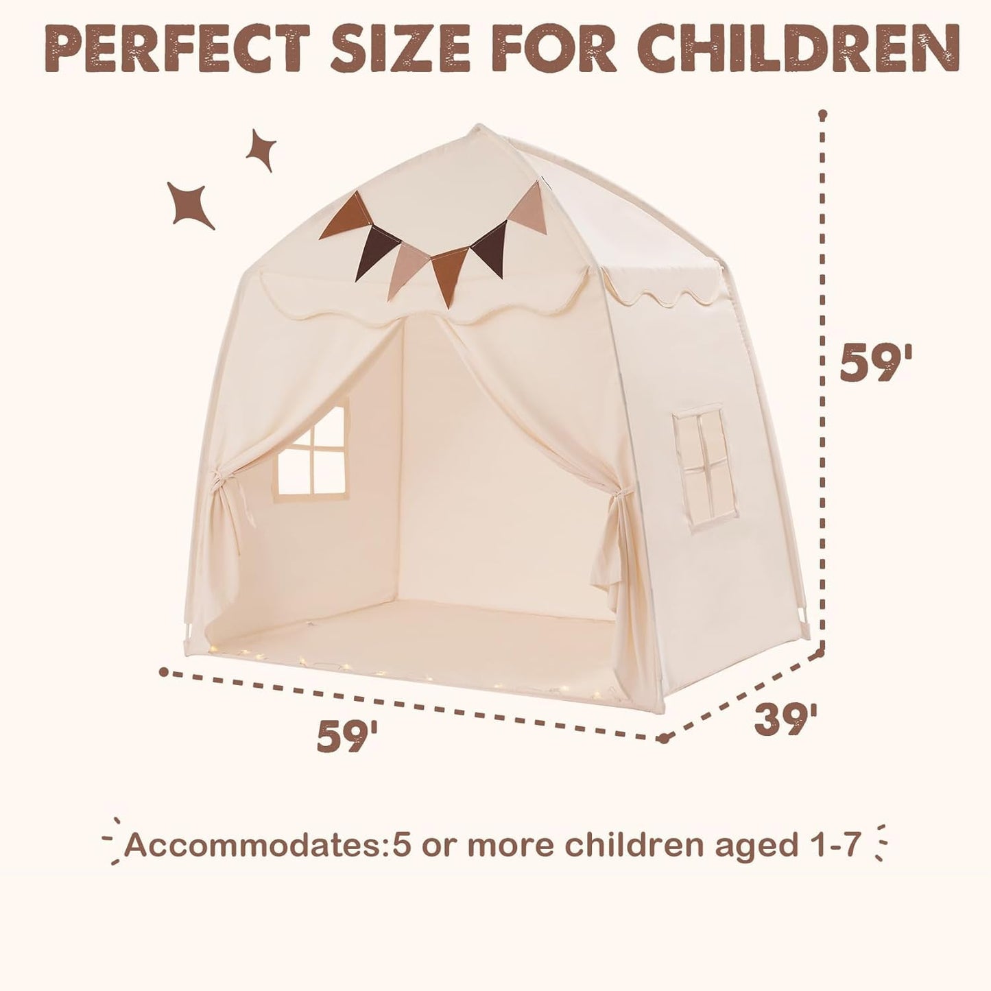 Little Dove Extra Large Kids Play Tent with Flags & Star Lights – 59x39x59 in Cream