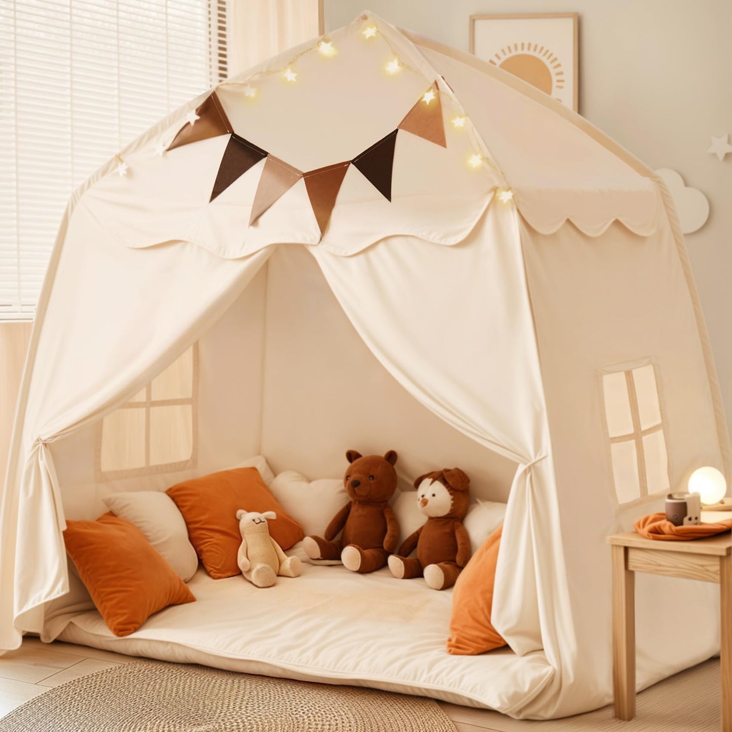 Little Dove Extra Large Kids Play Tent with Flags & Star Lights – 59x39x59 in Cream