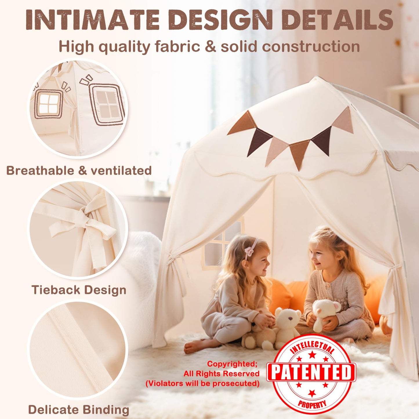 Little Dove Extra Large Kids Play Tent with Flags & Star Lights – 59x39x59 in Cream
