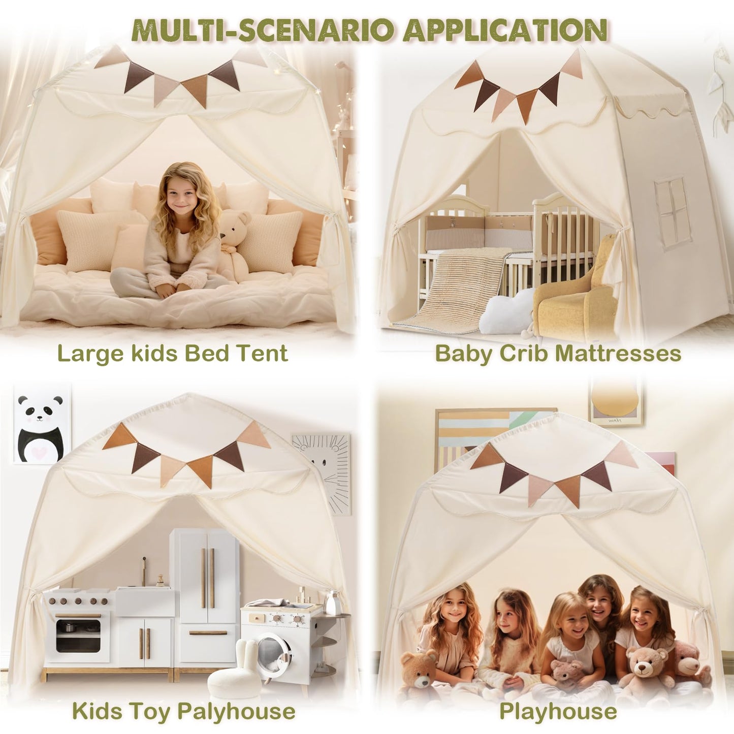 Little Dove Extra Large Kids Play Tent with Flags & Star Lights – 59x39x59 in Cream