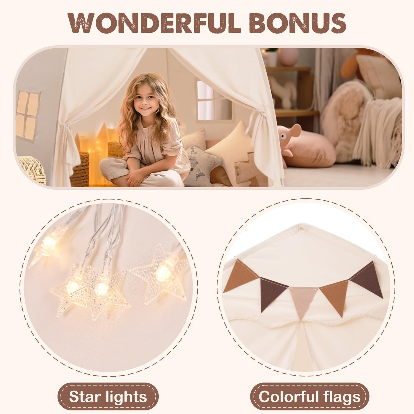 Little Dove Extra Large Kids Play Tent with Flags & Star Lights – 59x39x59 in Cream