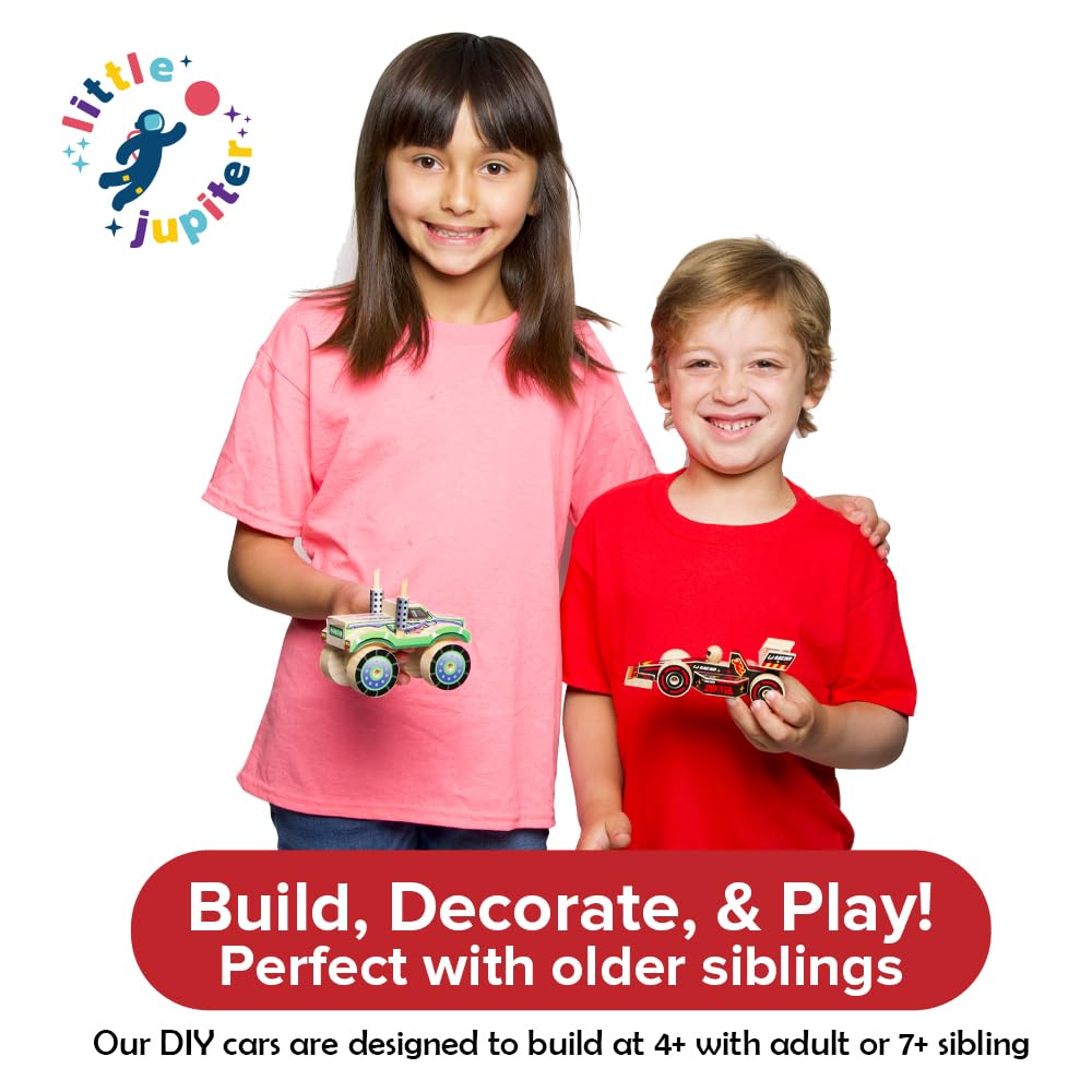 Little Jupiter DIY Wooden Kits with Stickers – STEM Toys for Ages 4-7 (Open & Closed Wheel Cars)