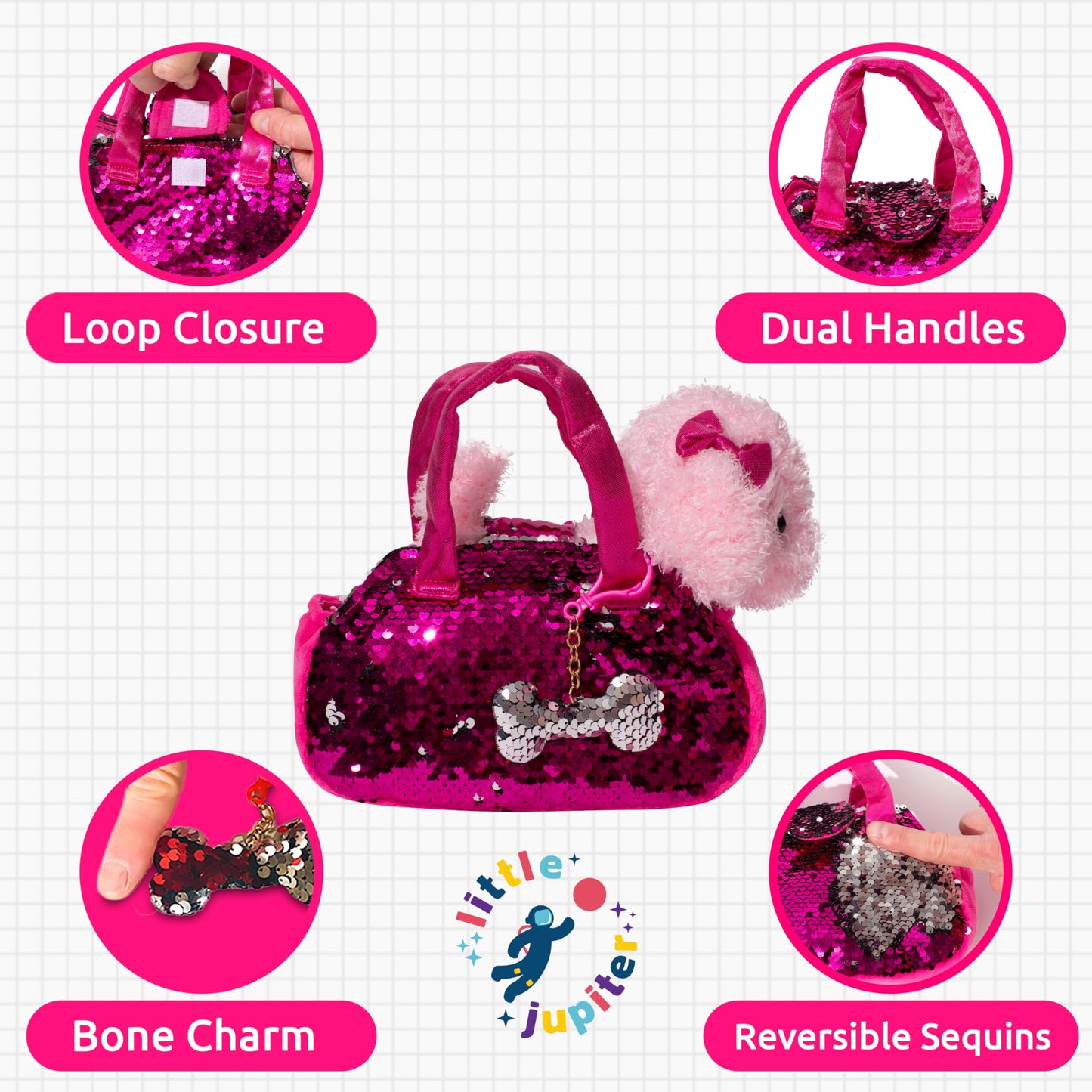 Little Jupiter Pet Plush Set with Reversible Sequins & Purse – Pink Labradoodle