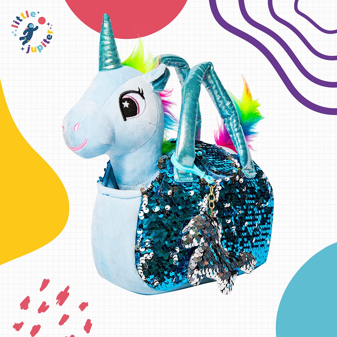 Little Jupiter Plush Unicorn Set with Sequin Purse – 12-Inch Plush Toy for Girls (Light Blue)