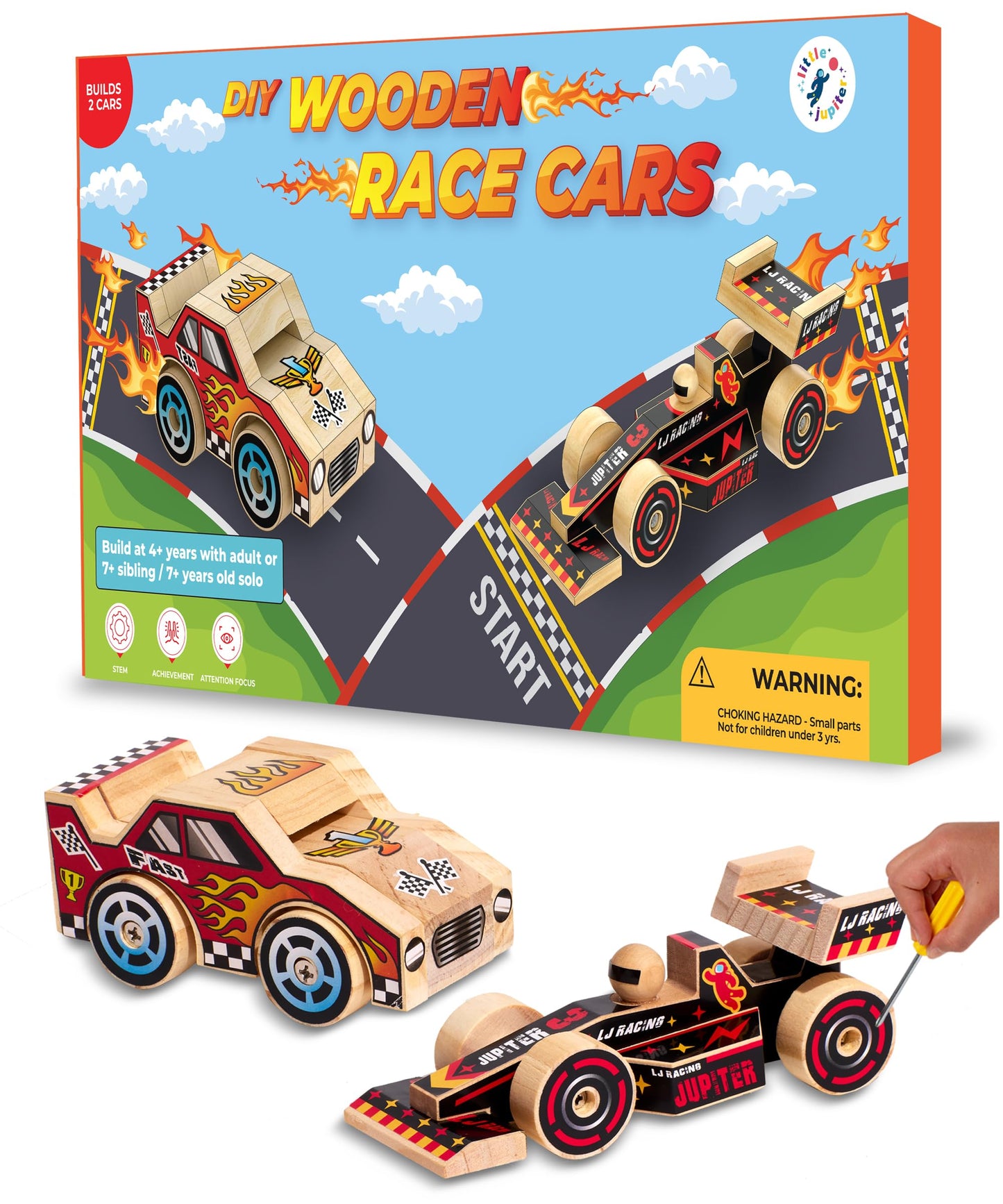 Little Jupiter DIY Wooden Kits with Stickers – STEM Toys for Ages 4-7 (Open & Closed Wheel Cars)