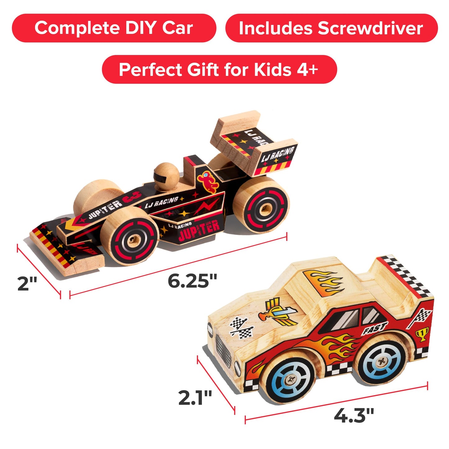 Little Jupiter DIY Wooden Kits with Stickers – STEM Toys for Ages 4-7 (Open & Closed Wheel Cars)
