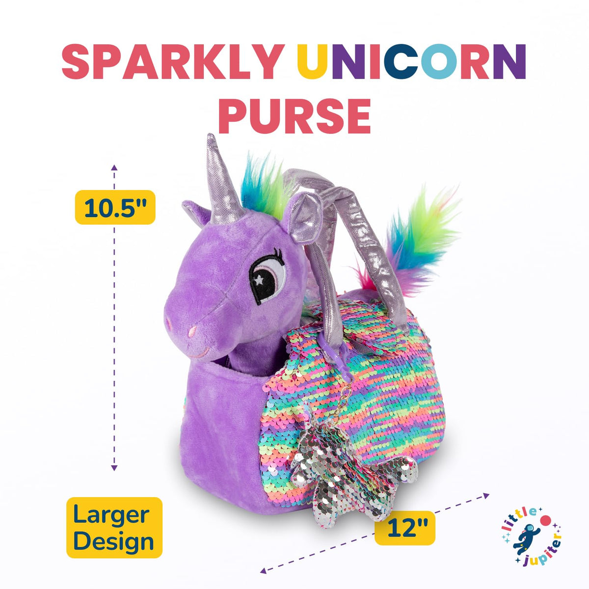 Little Jupiter Plush Unicorn Playset — 12-Inch Toy with Reversible Sequins Carrier Bag