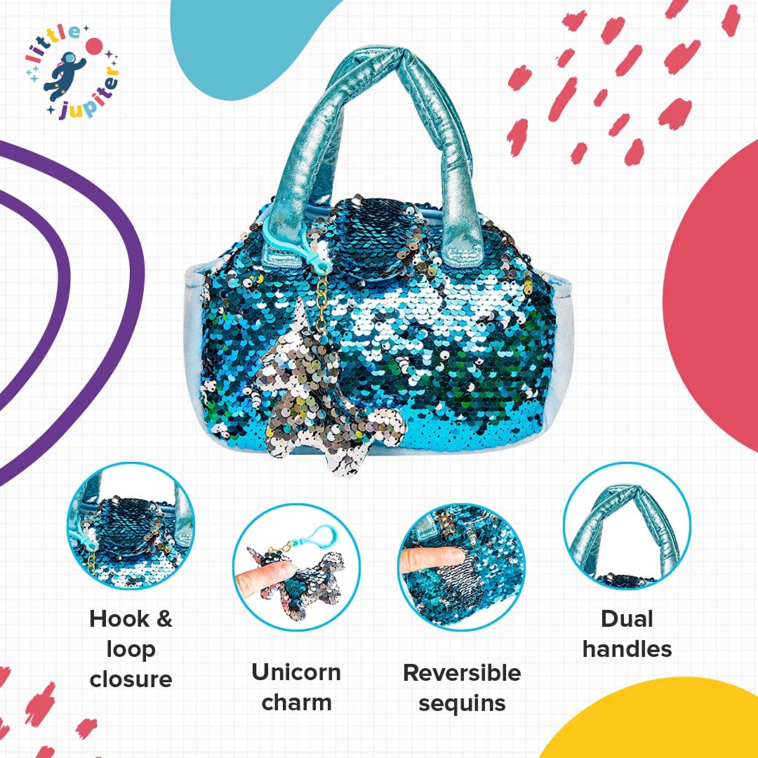 Little Jupiter Plush Unicorn Set with Sequin Purse – 12-Inch Plush Toy for Girls (Light Blue)