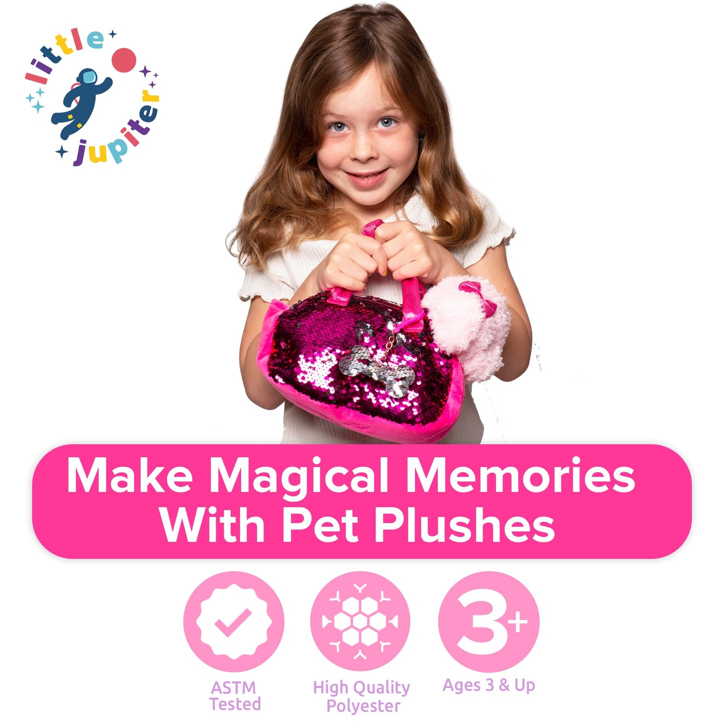 Little Jupiter Pet Plush Set with Reversible Sequins & Purse – Pink Labradoodle