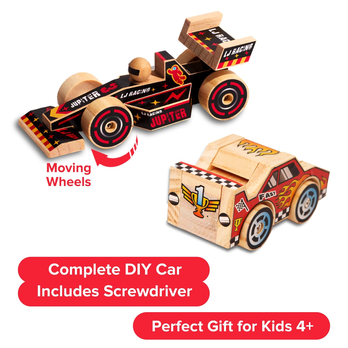 Little Jupiter DIY Wooden Kits with Stickers – STEM Toys for Ages 4-7 (Open & Closed Wheel Cars)