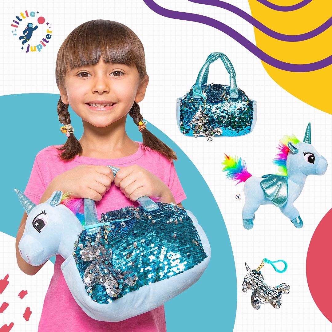 Little Jupiter Plush Unicorn Set with Sequin Purse – 12-Inch Plush Toy for Girls (Light Blue)