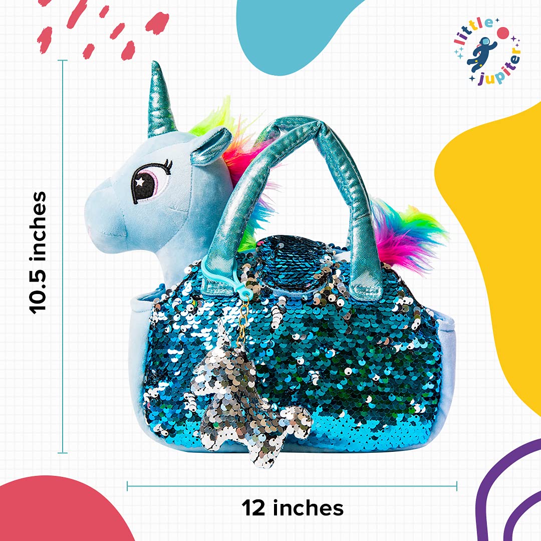 Little Jupiter Plush Unicorn Set with Sequin Purse – 12-Inch Plush Toy for Girls (Light Blue)