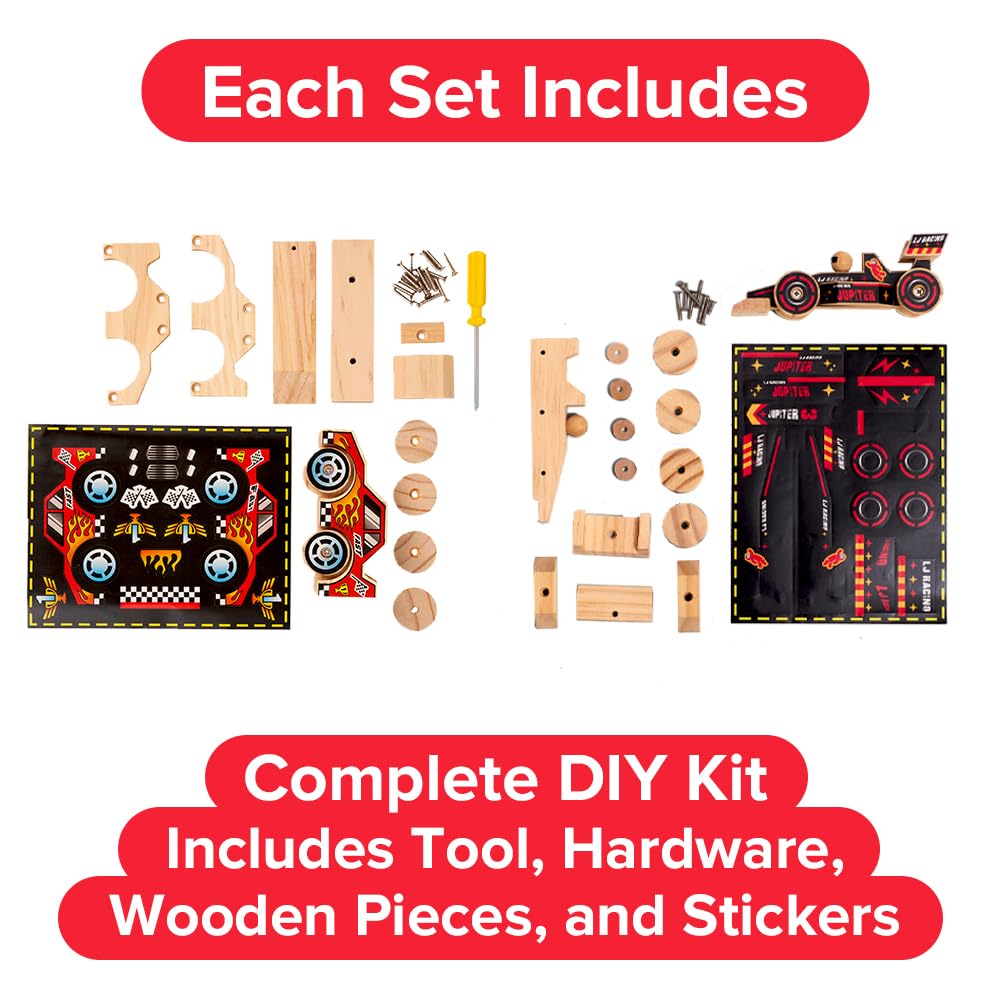 Little Jupiter DIY Wooden Kits with Stickers – STEM Toys for Ages 4-7 (Open & Closed Wheel Cars)