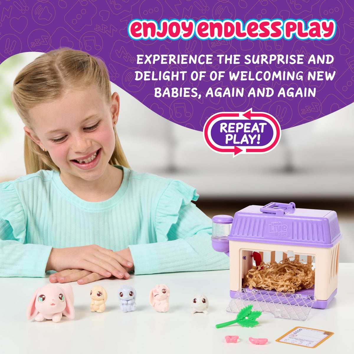Little Live Pets Bunny Mini Interactive Toy Set – Hutch Playset with 3 Surprise Babies & 20+ Sounds