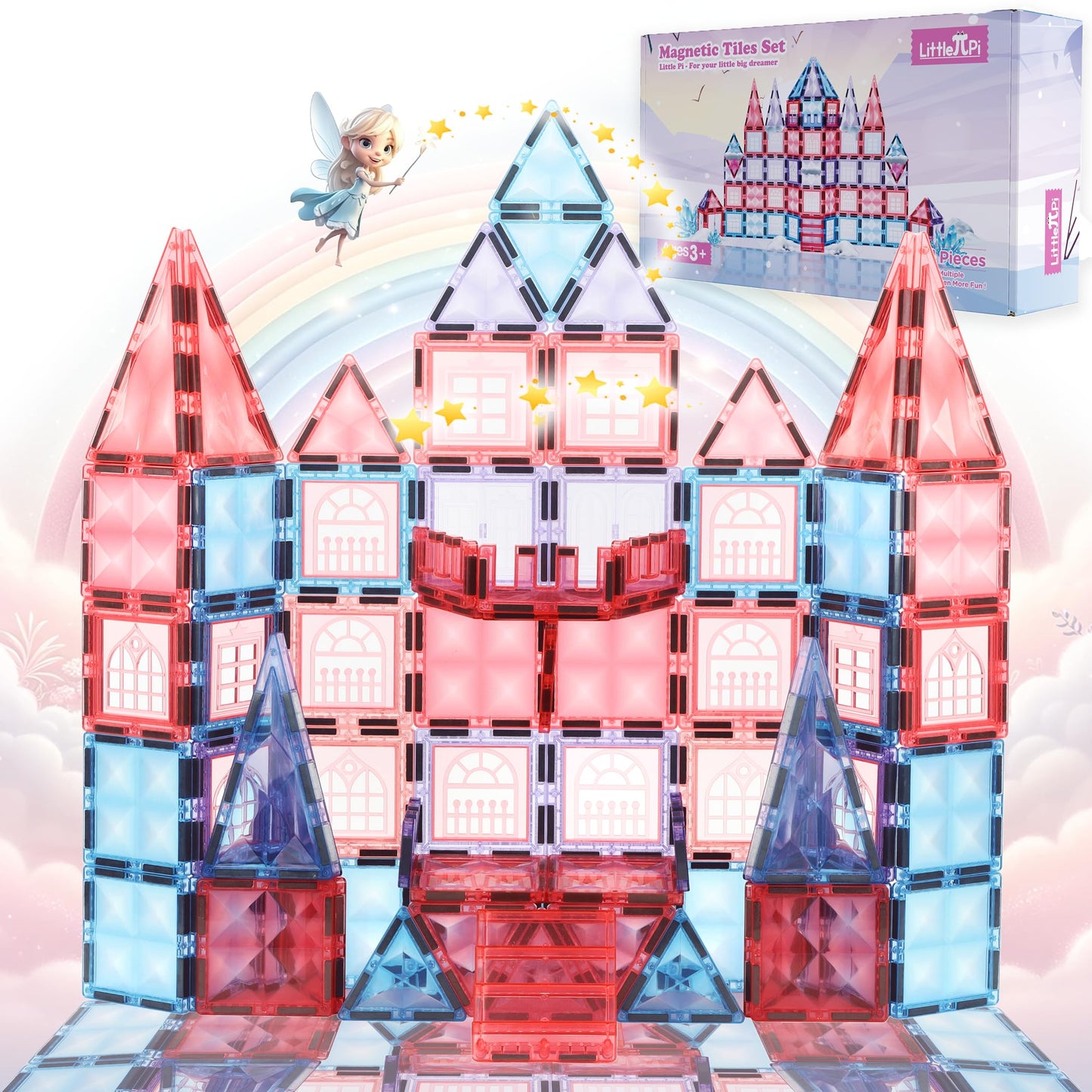 Little Pi 104pcs Frozen Princess Castle Magnetic Tiles – Pink STEM Building Blocks for Kids 3–8