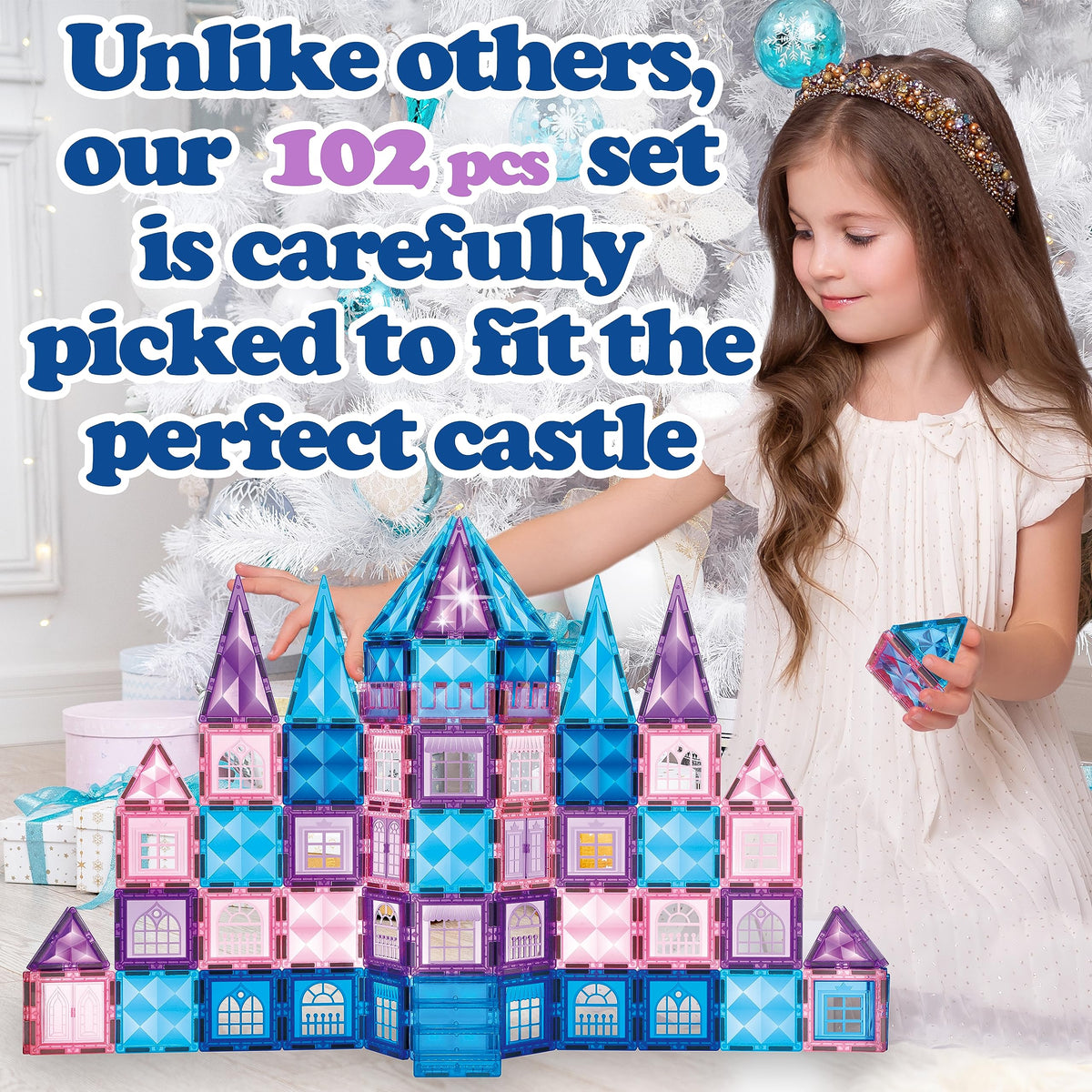 Little Pi 102-Pcs Frozen Princess Castle Magnetic Tiles – 3D Diamond Blocks for STEM Play