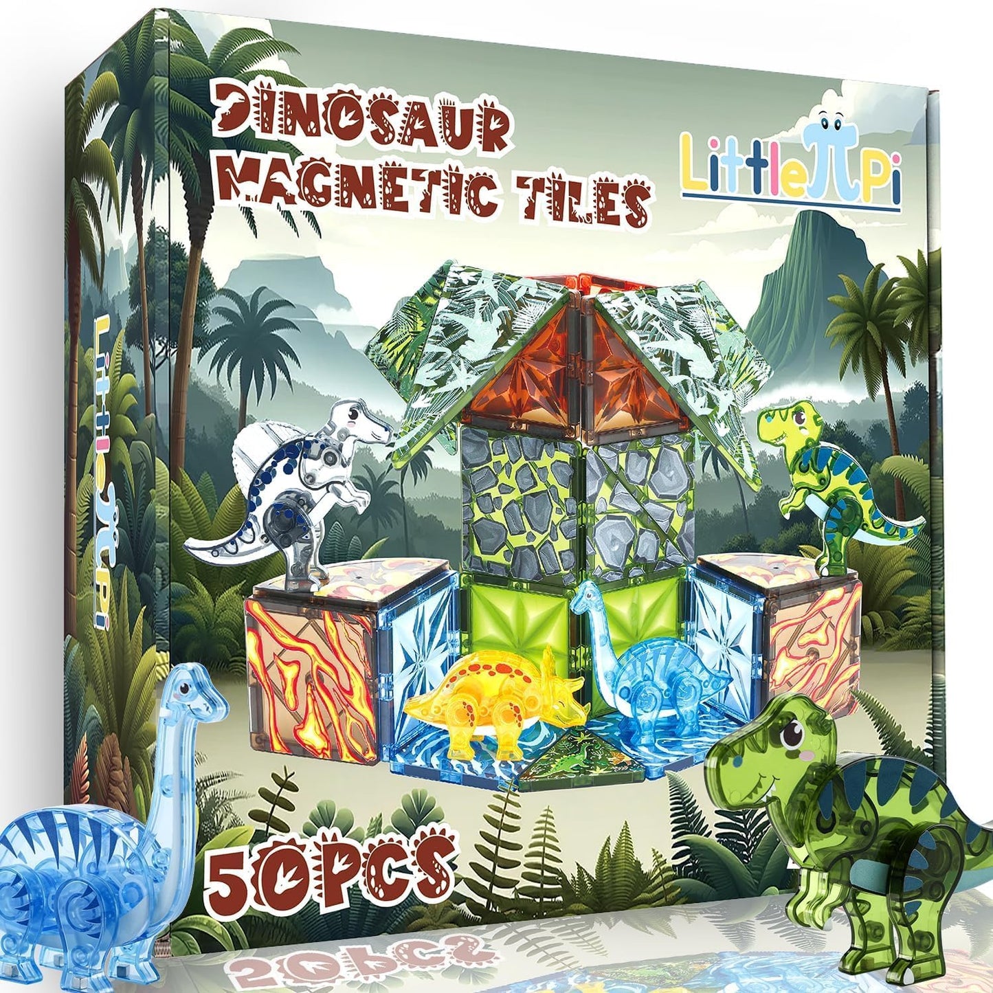 Little Pi Magnetic Tiles Dinosaur Toys – 50-Piece STEM Blocks