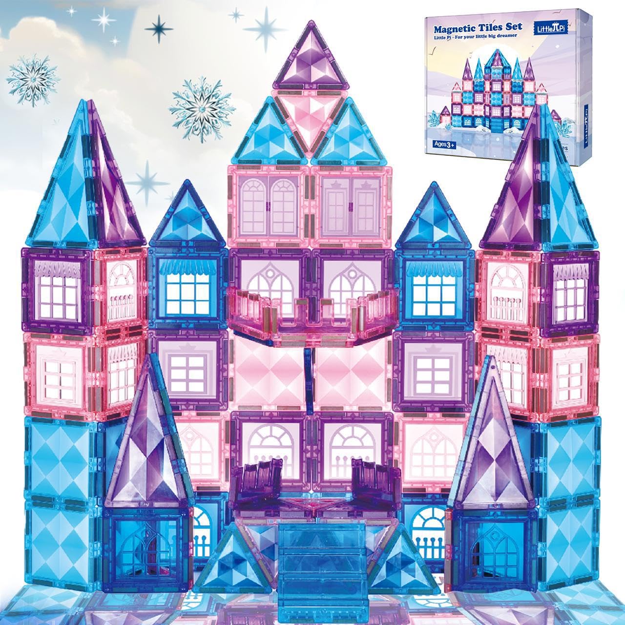 Little Pi 102-Pcs Frozen Princess Castle Magnetic Tiles – 3D Diamond Blocks for STEM Play