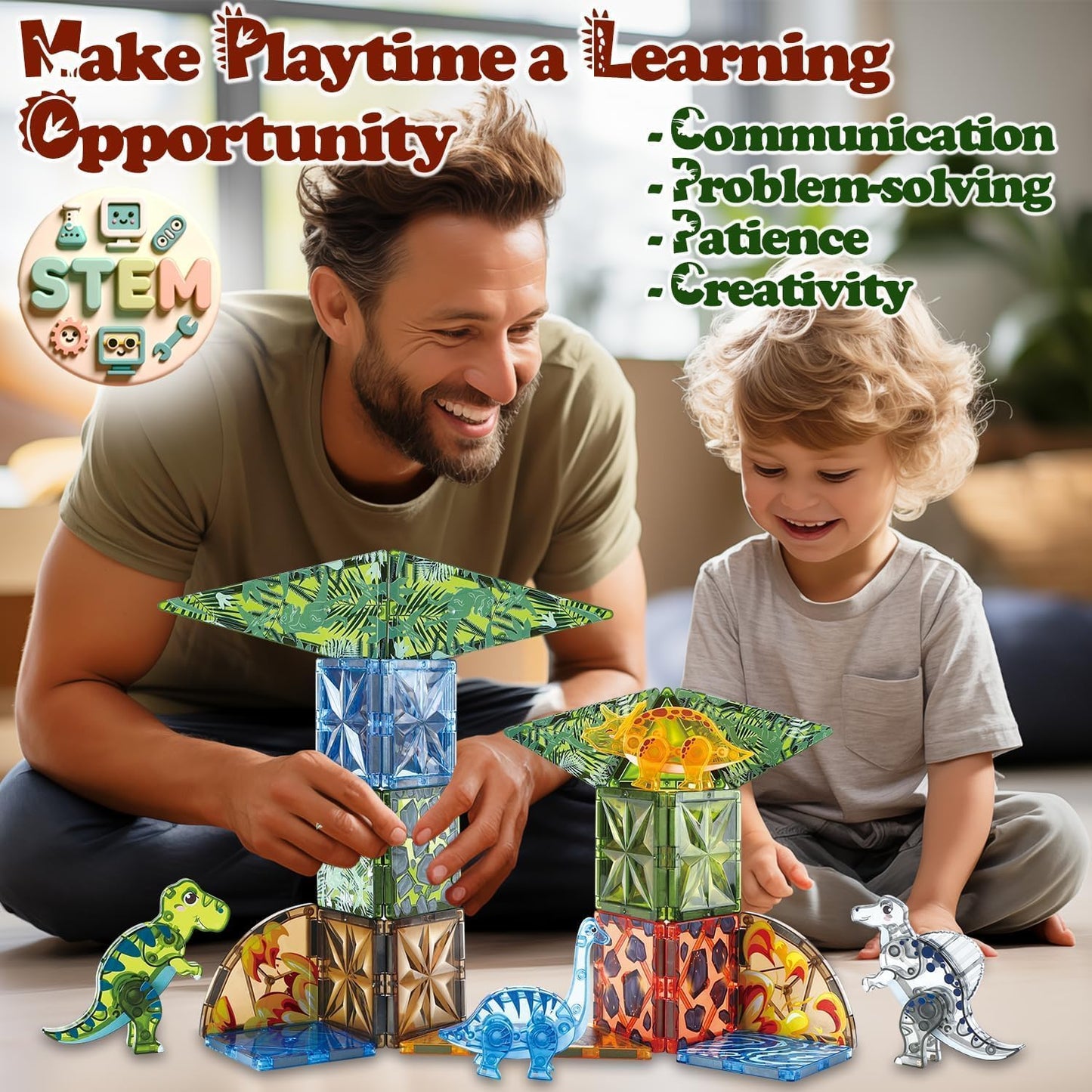 Little Pi Magnetic Tiles Dinosaur Toys – 50-Piece STEM Blocks