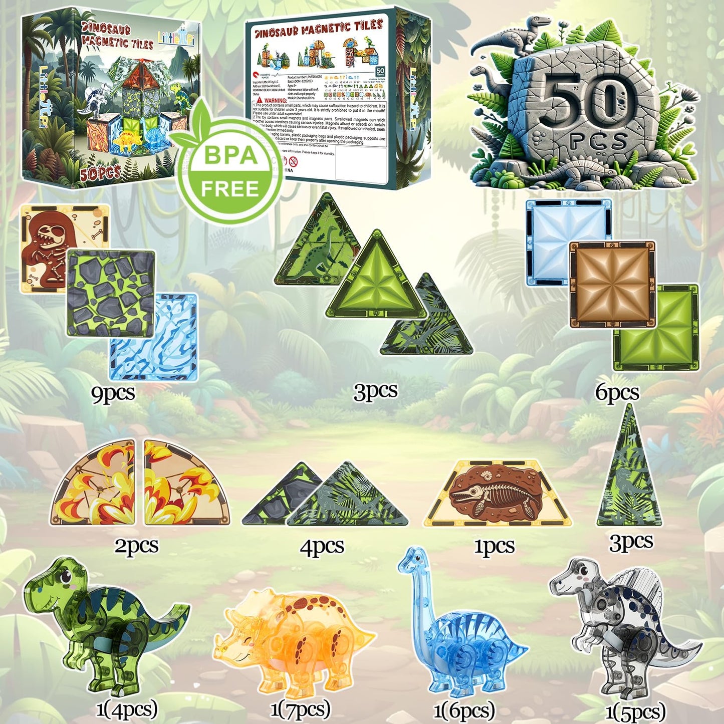 Little Pi Magnetic Tiles Dinosaur Toys – 50-Piece STEM Blocks