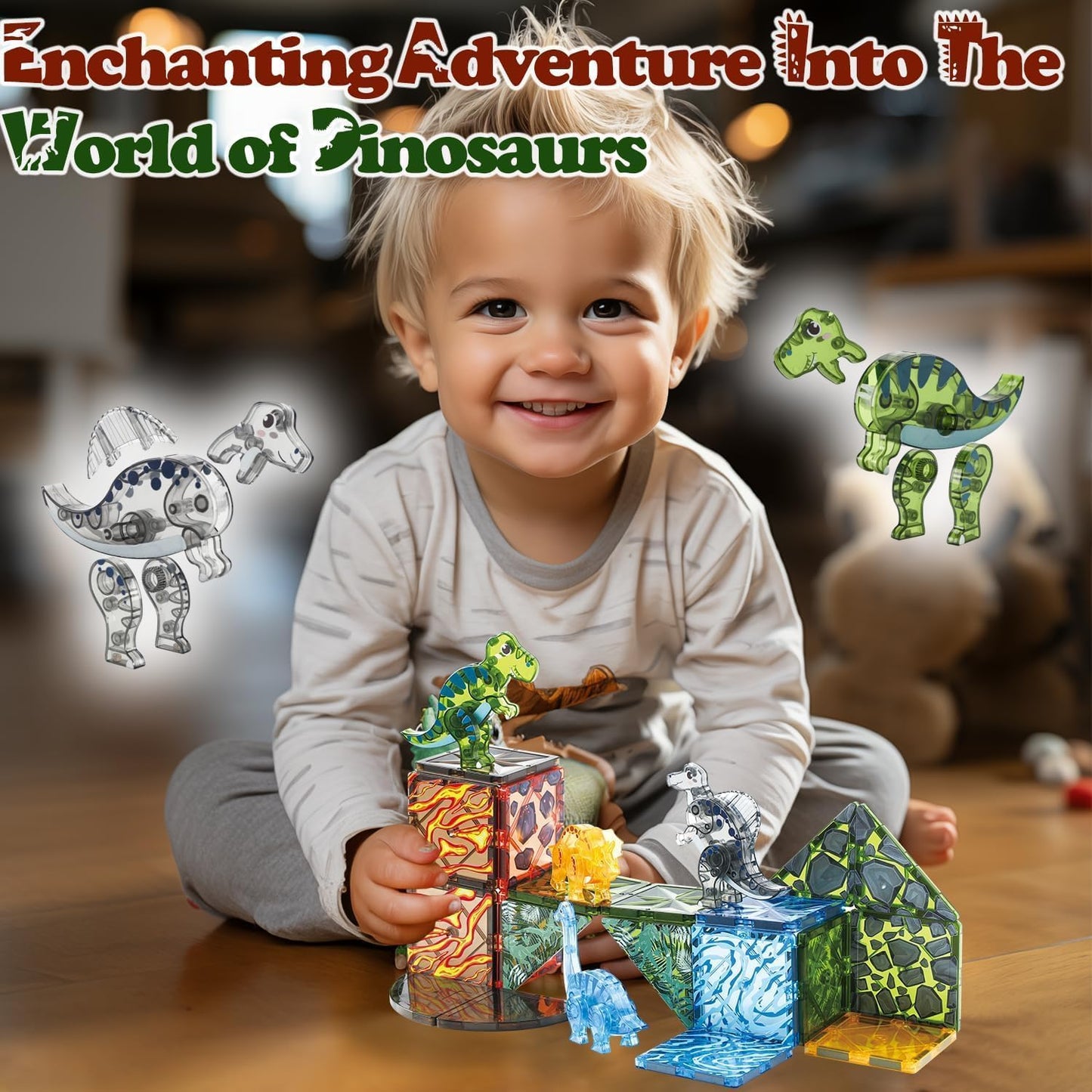 Little Pi Magnetic Tiles Dinosaur Toys – 50-Piece STEM Blocks