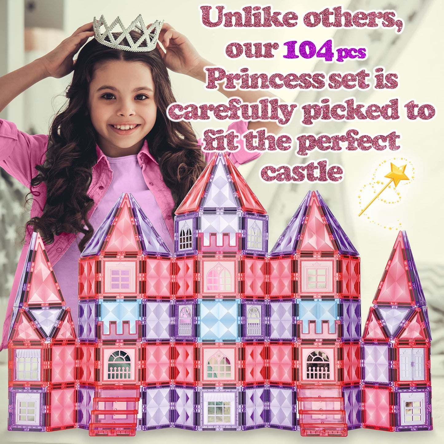 Little Pi 104pcs Frozen Princess Castle Magnetic Tiles – Pink STEM Building Blocks for Kids 3–8