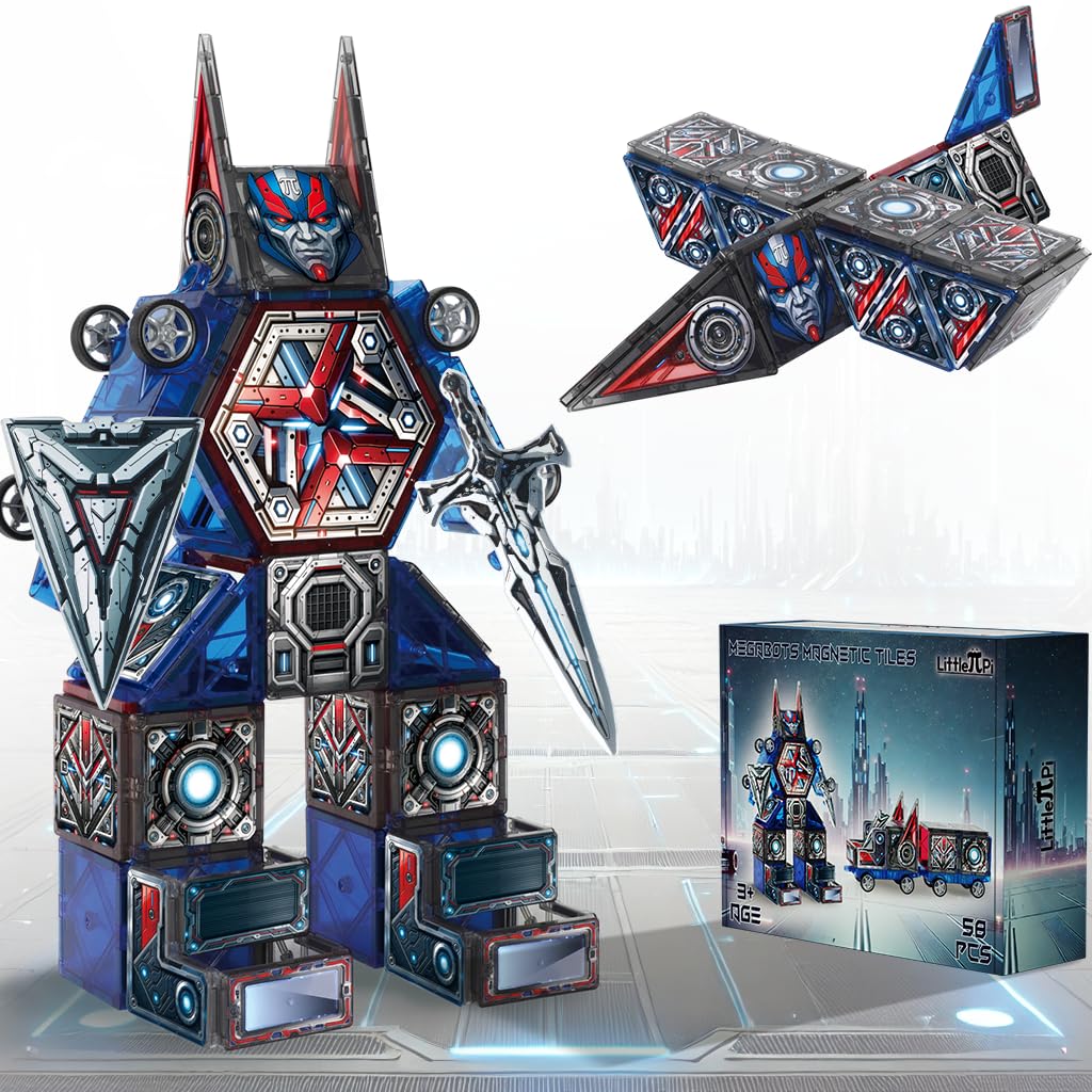 Little Pi MegaBots 58-Piece Magnetic Tiles | Heroic Robots with Sword & Shield