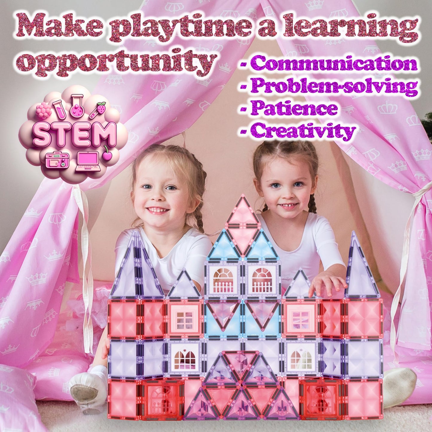 Little Pi 104pcs Frozen Princess Castle Magnetic Tiles – Pink STEM Building Blocks for Kids 3–8