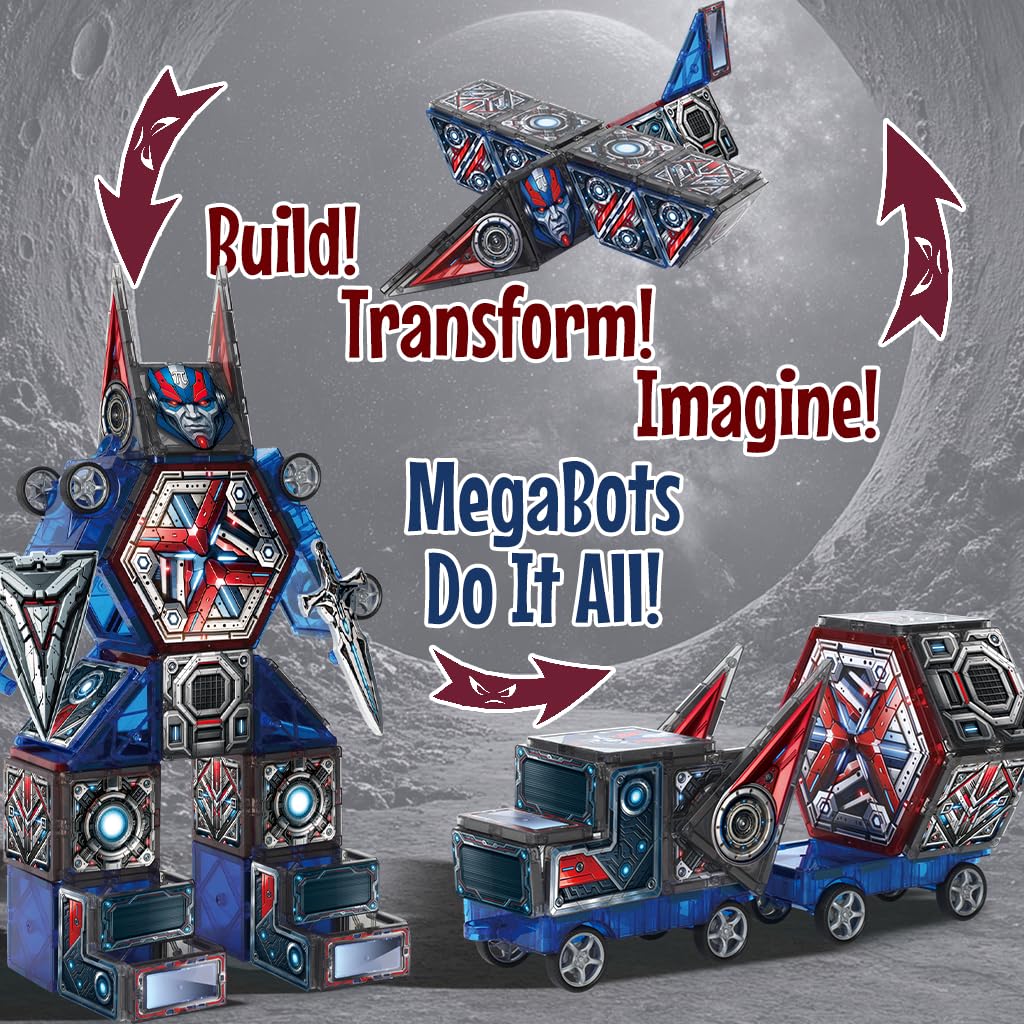 Little Pi MegaBots 58-Piece Magnetic Tiles | Heroic Robots with Sword & Shield