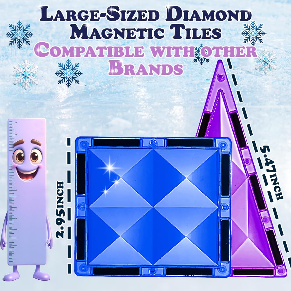 Little Pi 102-Pcs Frozen Princess Castle Magnetic Tiles – 3D Diamond Blocks for STEM Play