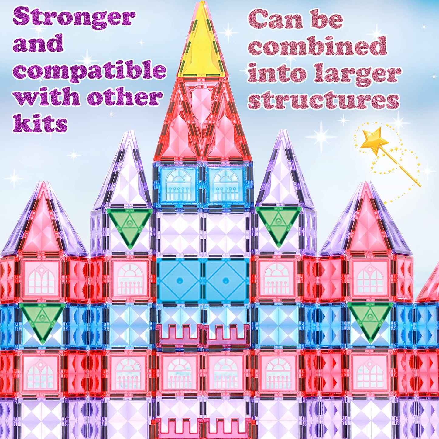 Little Pi 104pcs Frozen Princess Castle Magnetic Tiles – Pink STEM Building Blocks for Kids 3–8