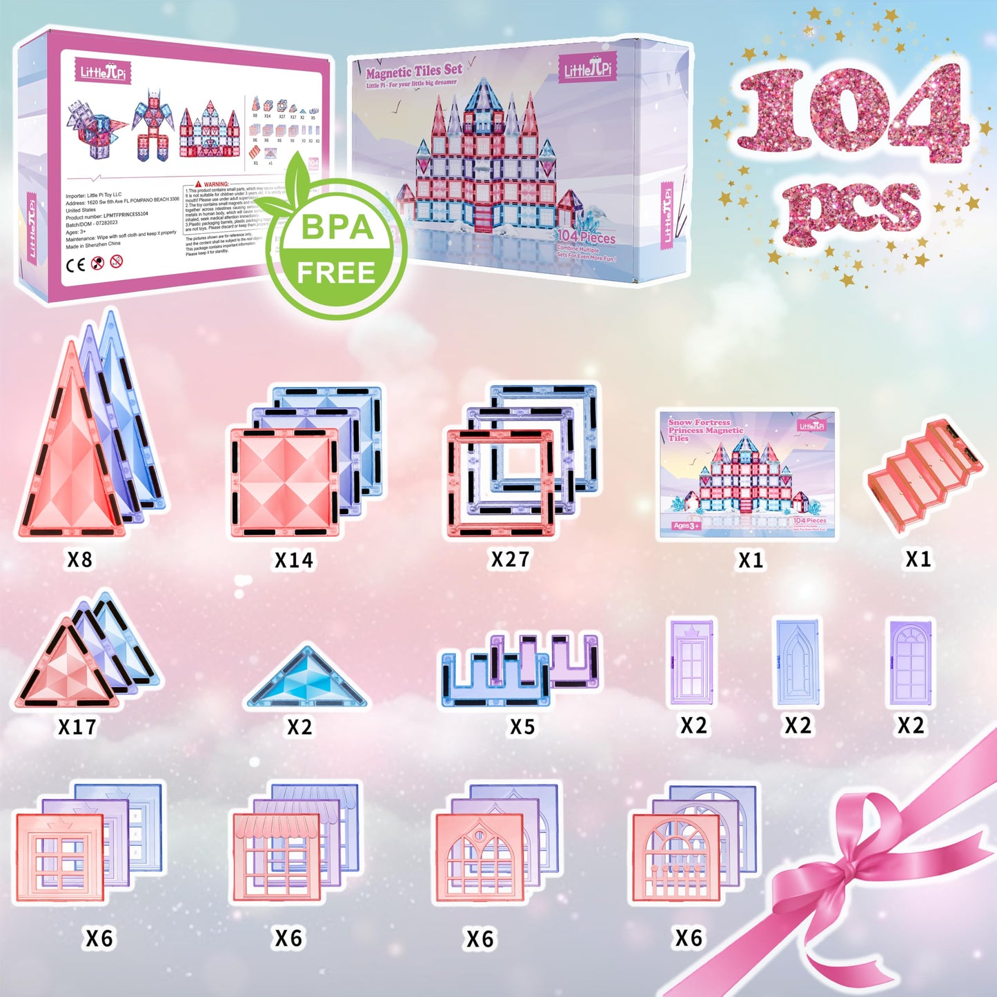 Little Pi 104pcs Frozen Princess Castle Magnetic Tiles – Pink STEM Building Blocks for Kids 3–8