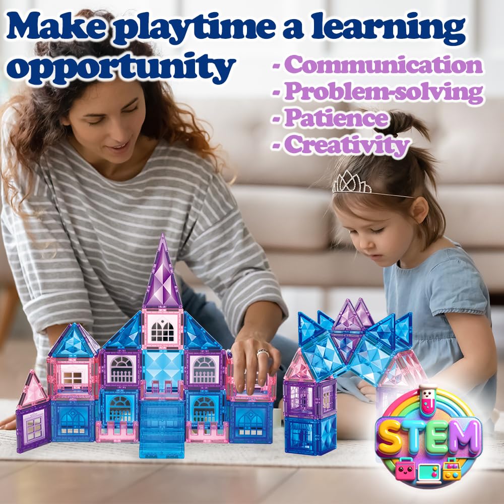 Little Pi 102-Pcs Frozen Princess Castle Magnetic Tiles – 3D Diamond Blocks for STEM Play