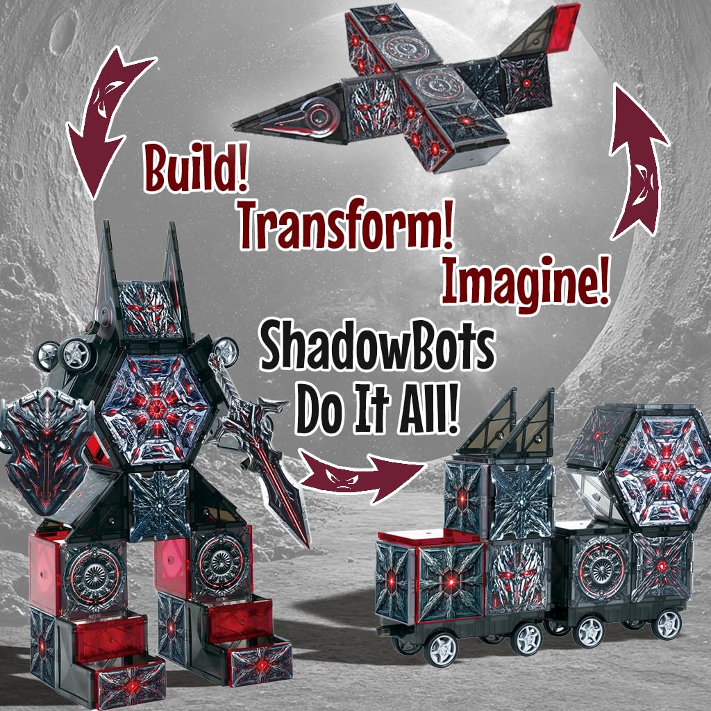 Little Pi ShadowBots Magnetic Tiles 58 PCS | Transform Robot Villain Building Set | STEM Toys for Kids Ages 3-8