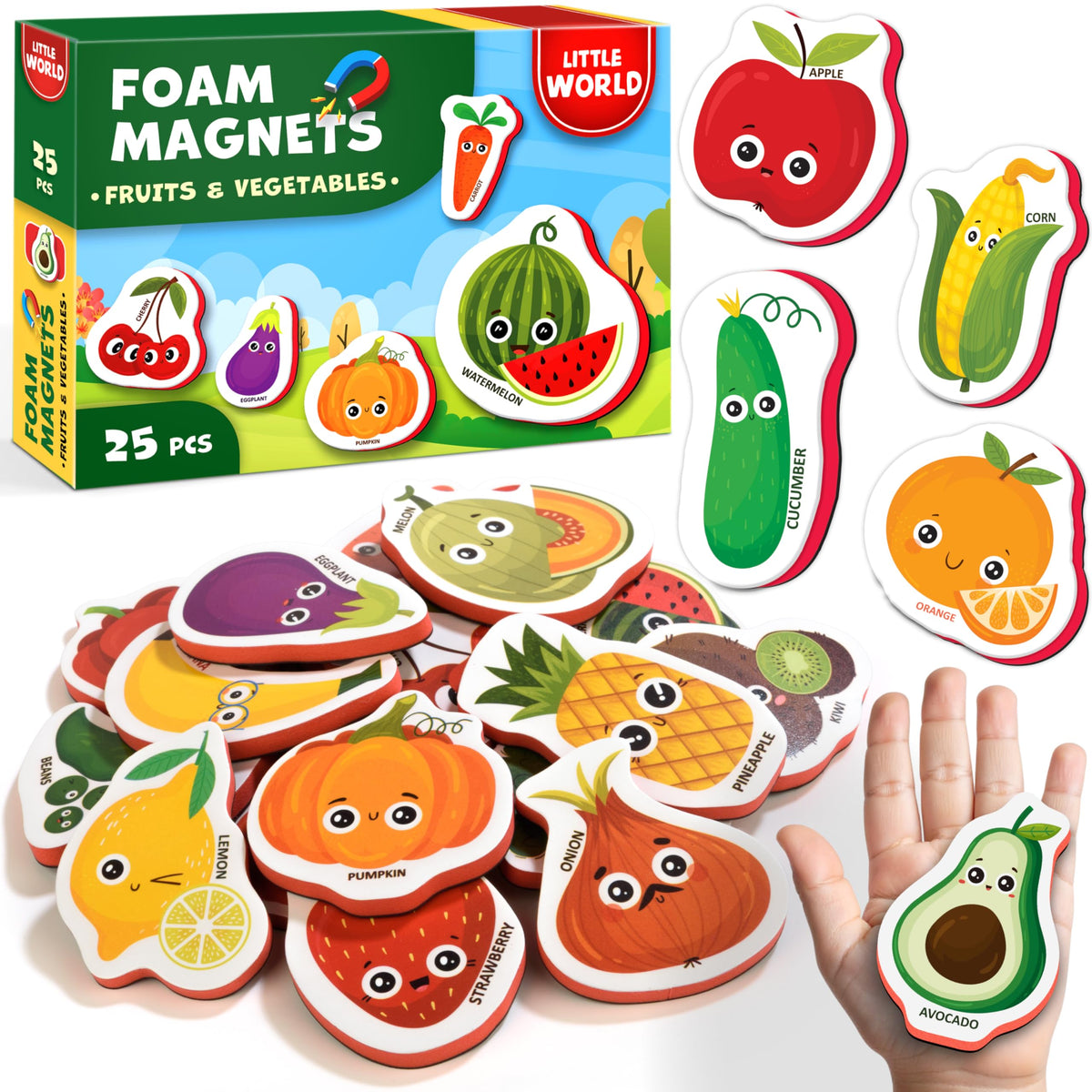 Little World Large Set of Safe Foam Fridge Magnets for Toddlers 1-3 | Durable, Water-Resistant Fruit & Veggie Magnets
