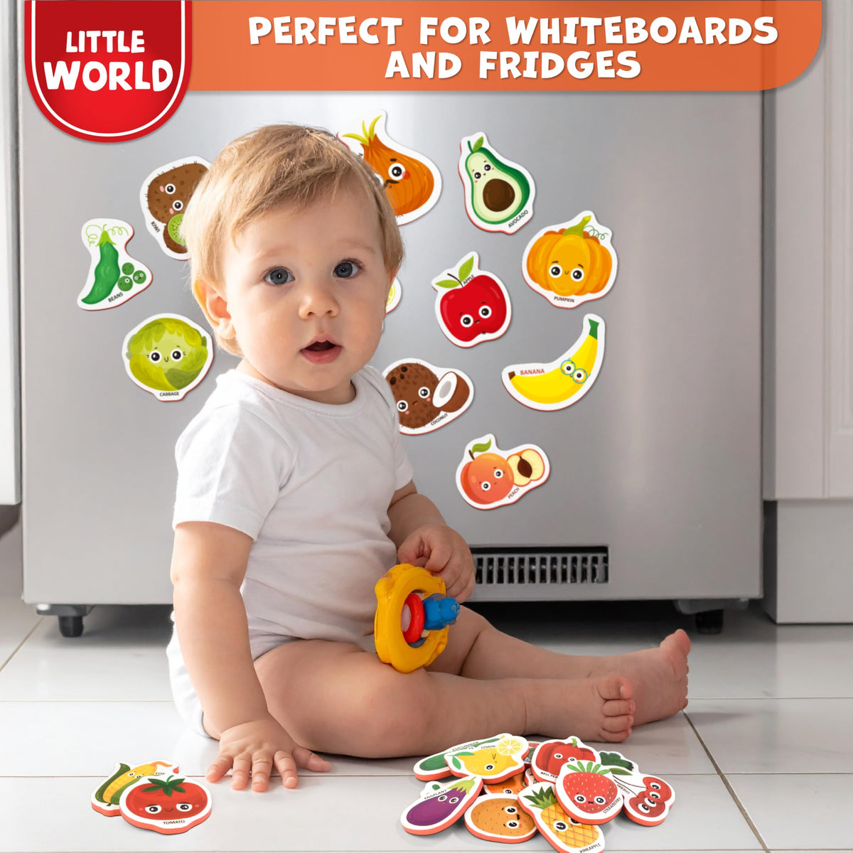Little World Large Set of Safe Foam Fridge Magnets for Toddlers 1-3 | Durable, Water-Resistant Fruit & Veggie Magnets