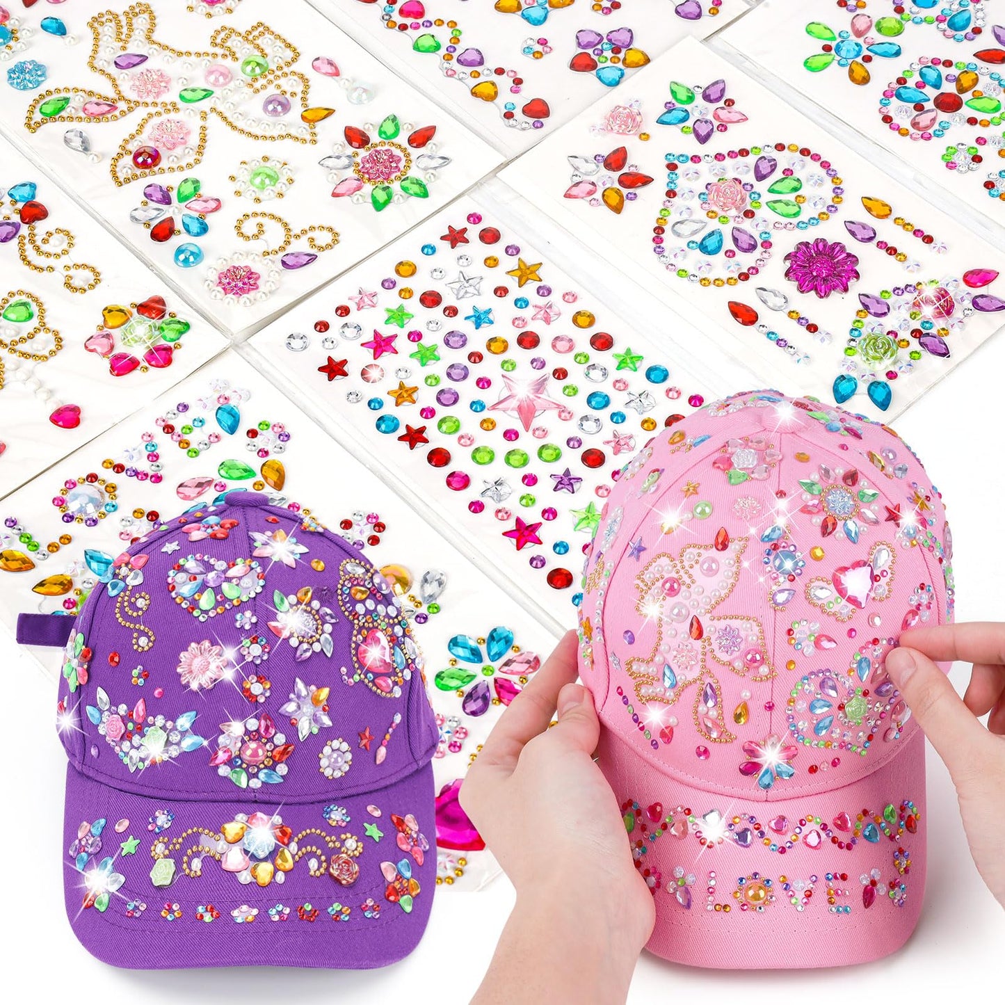 Littlefun DIY Gem Baseball Cap Kit – Unicorn Stickers & Adjustable Caps for Kids 4-12