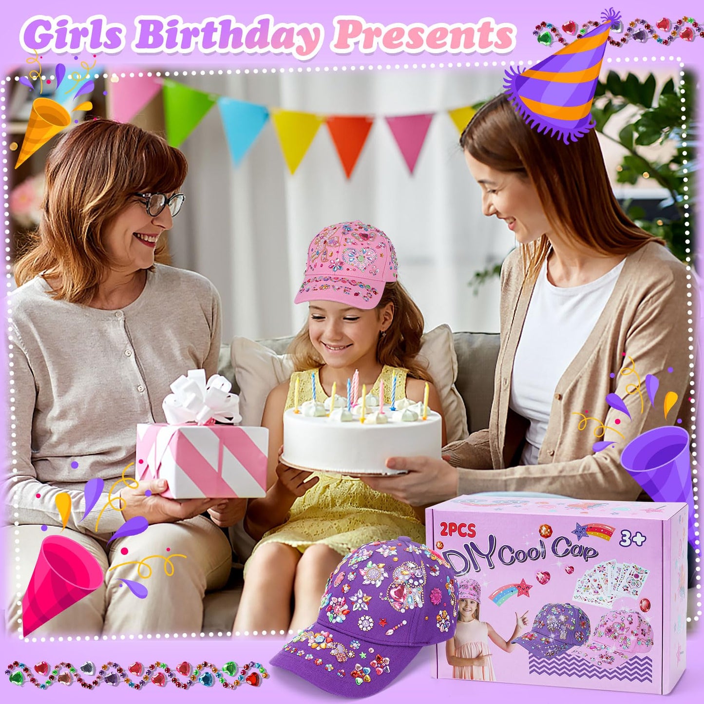 Littlefun DIY Gem Baseball Cap Kit – Unicorn Stickers & Adjustable Caps for Kids 4-12