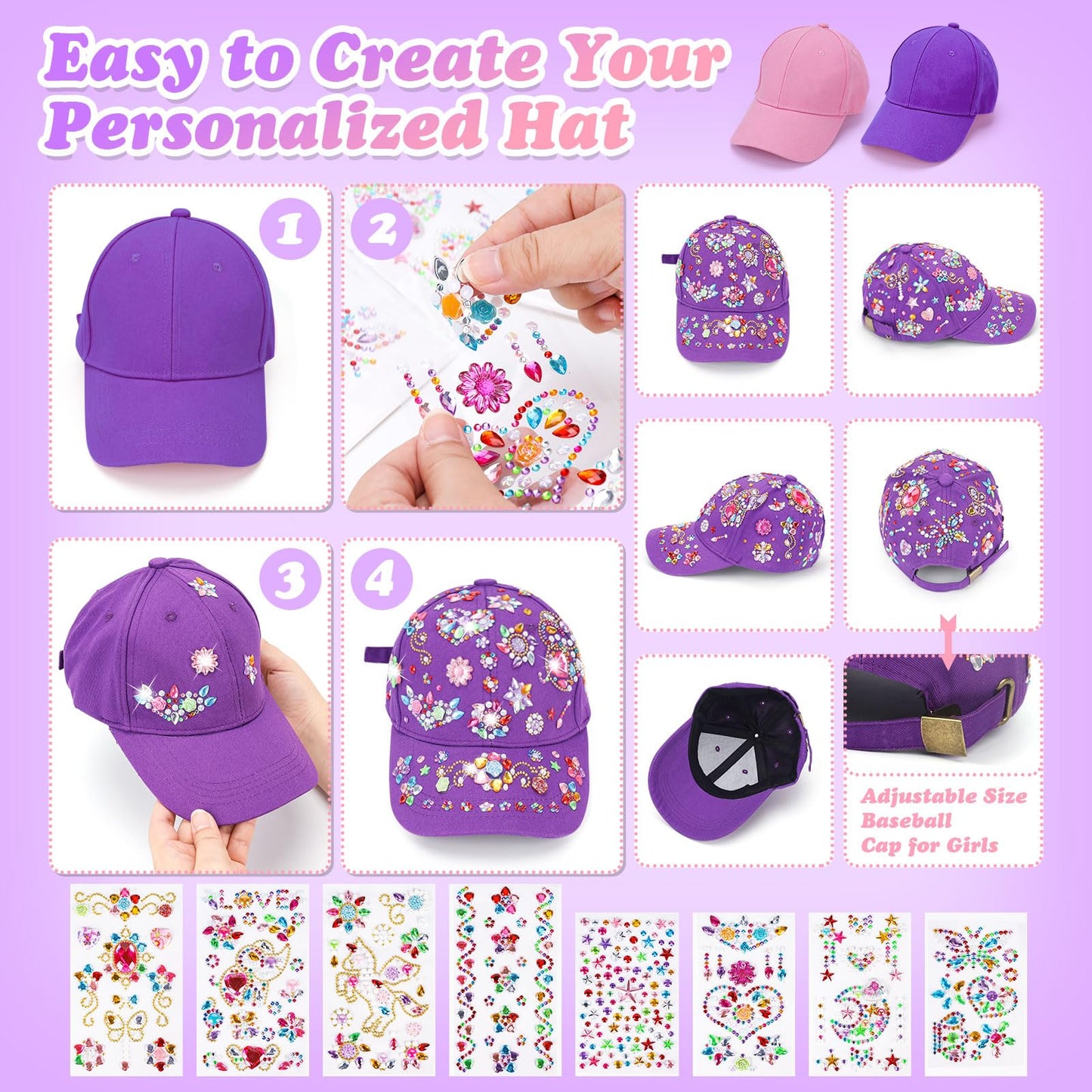 Littlefun DIY Gem Baseball Cap Kit – Unicorn Stickers & Adjustable Caps for Kids 4-12