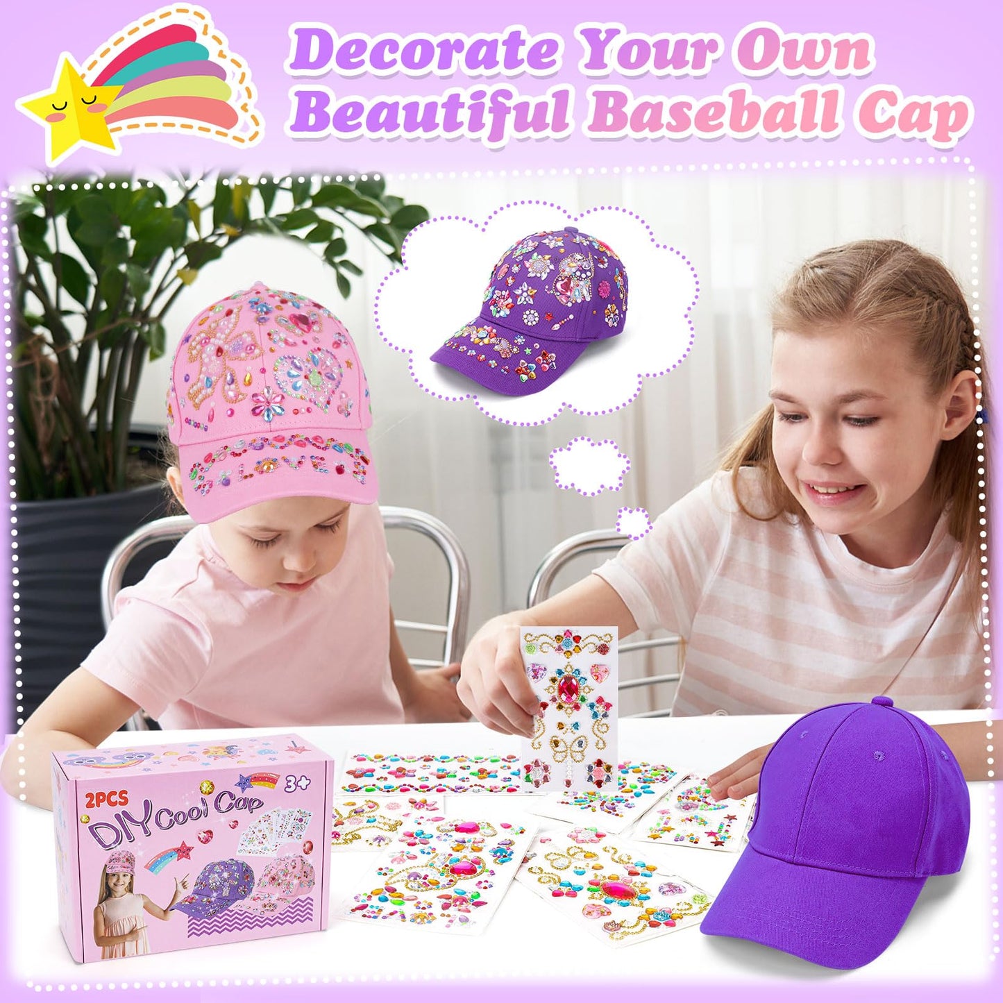 Littlefun DIY Gem Baseball Cap Kit – Unicorn Stickers & Adjustable Caps for Kids 4-12
