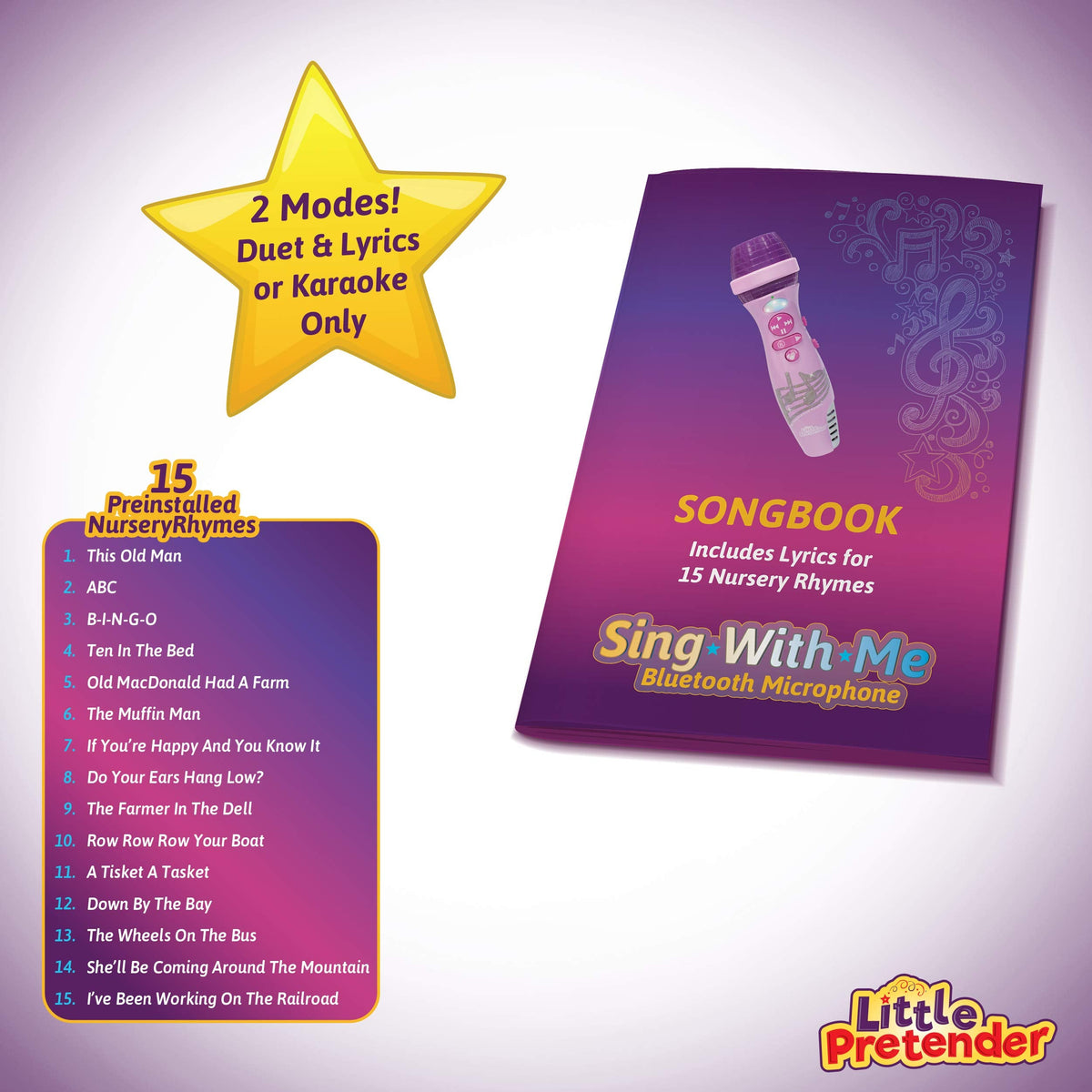 Little Pretender Kids Karaoke Microphone with 15 Nursery Rhymes | Bluetooth & Voice Changer