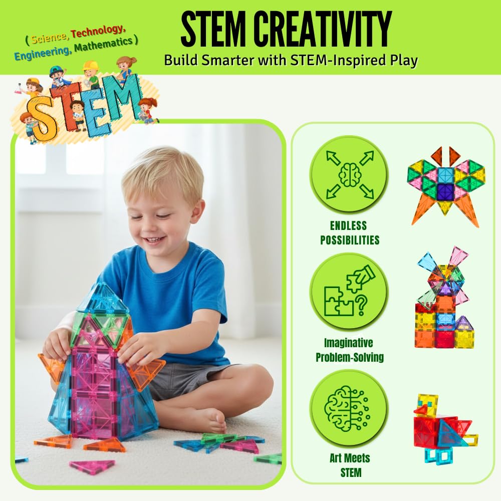 Little Vo Magnetic Tiles 100-Piece Set with 2 Cars — STEM Building Toys for Kids