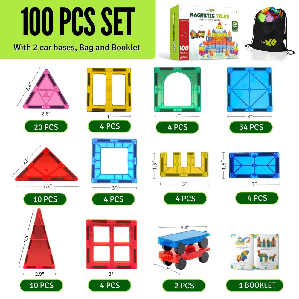 Little Vo Magnetic Tiles 100-Piece Set with 2 Cars — STEM Building Toys for Kids