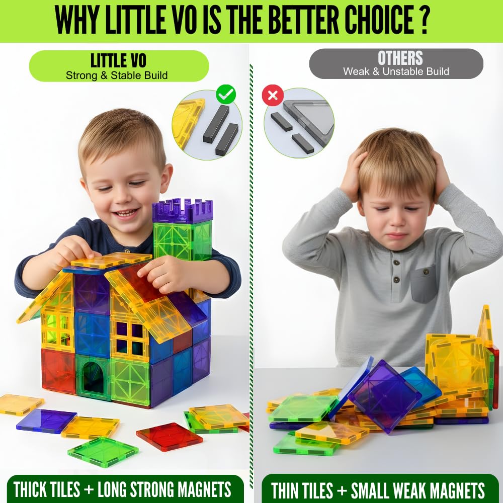 Little Vo Magnetic Tiles 100-Piece Set with 2 Cars — STEM Building Toys for Kids