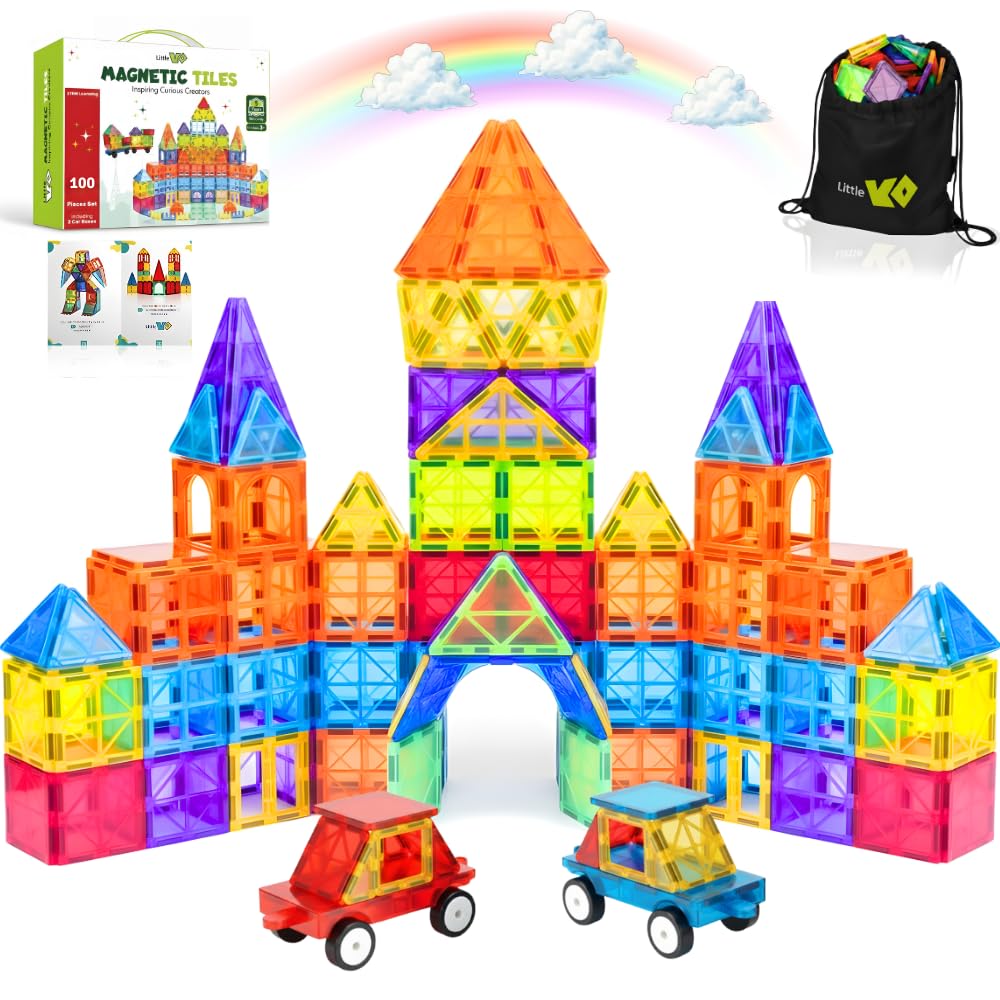 Little Vo Magnetic Tiles 100-Piece Set with 2 Cars — STEM Building Toys for Kids