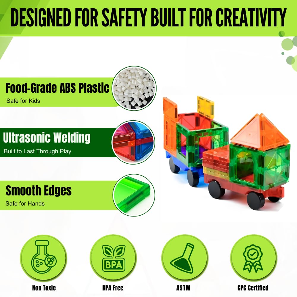 Little Vo Magnetic Tiles 100-Piece Set with 2 Cars — STEM Building Toys for Kids